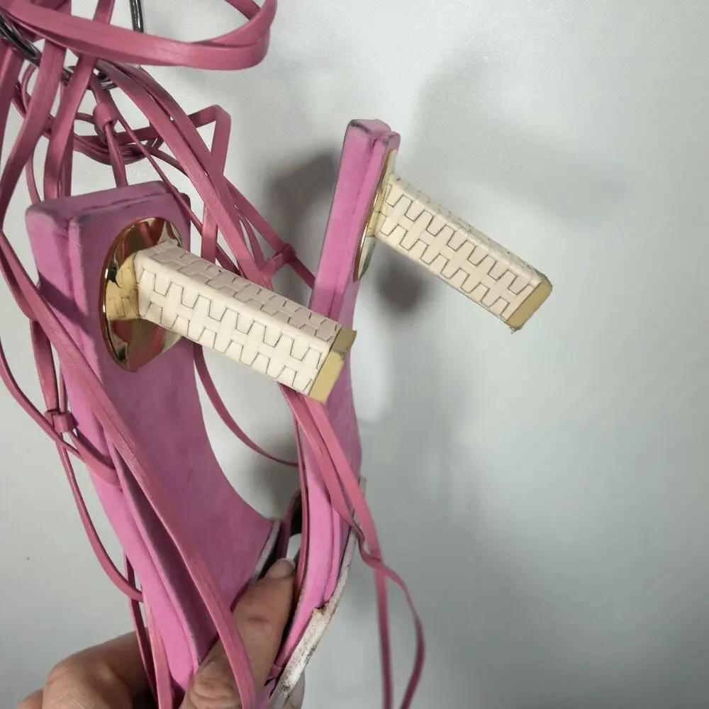 Jacquemus Pink Suede Ankle Tie Block Heel Sandals Size 8 UK 39 - Picture 5 of 15